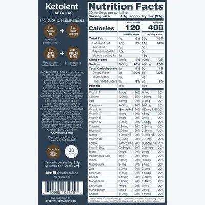 Sated Keto Shake Nutrition Label