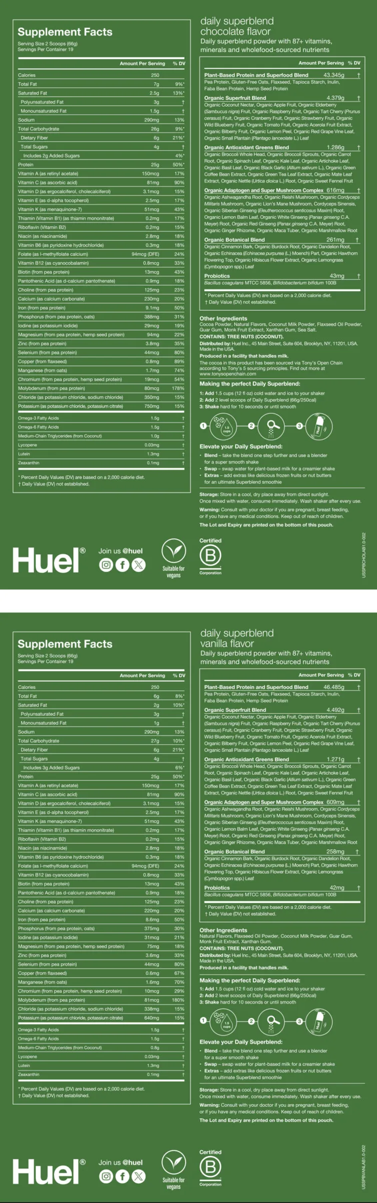 Huel Daily Superfood blend nutrition label