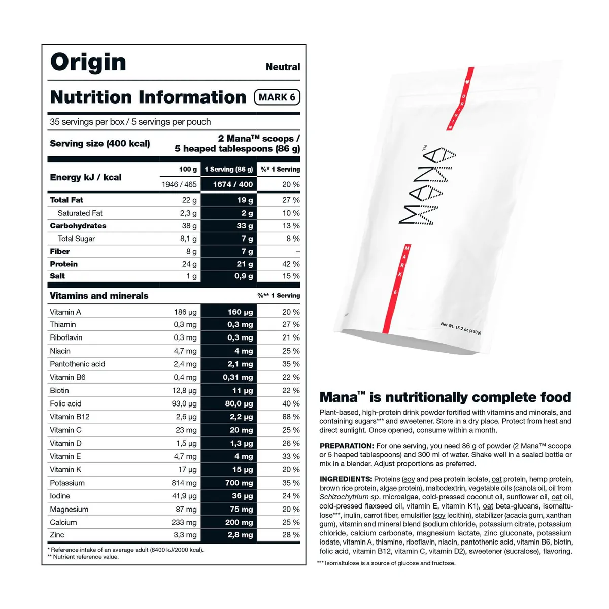Mana Mark 6 Powder Nutrition Label