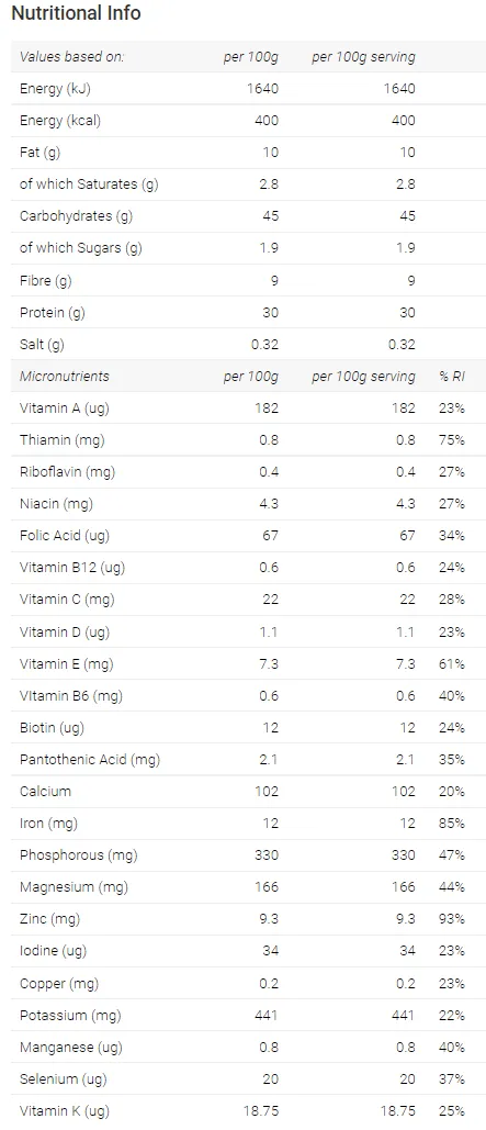 Complete 360 Meal Nutrition Label