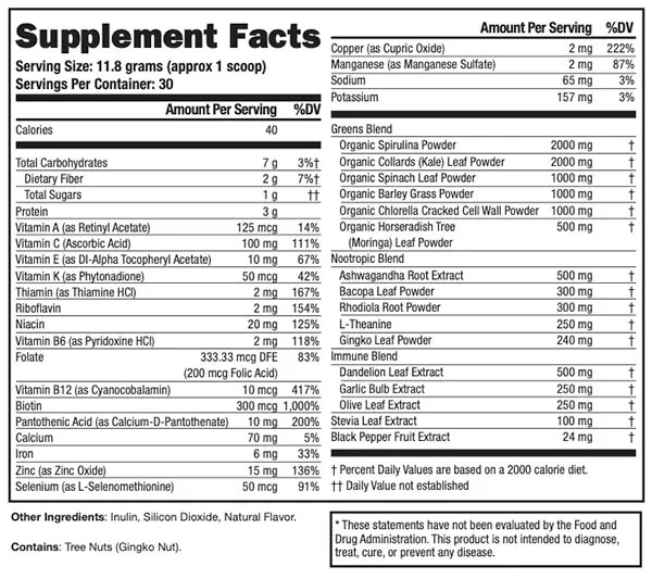 SuperGreens Tonik Nutrition Label