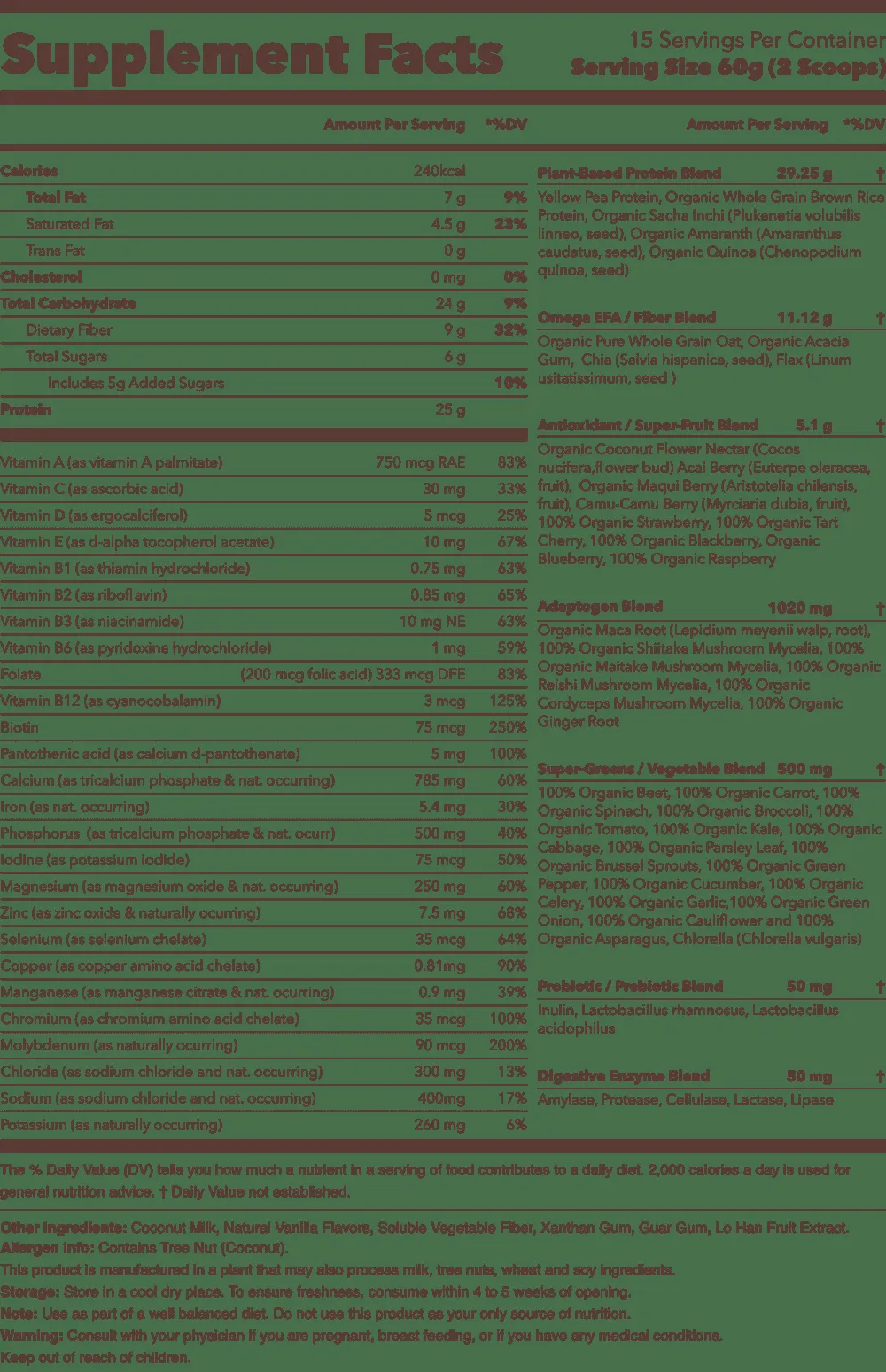 Kachava nutrition label