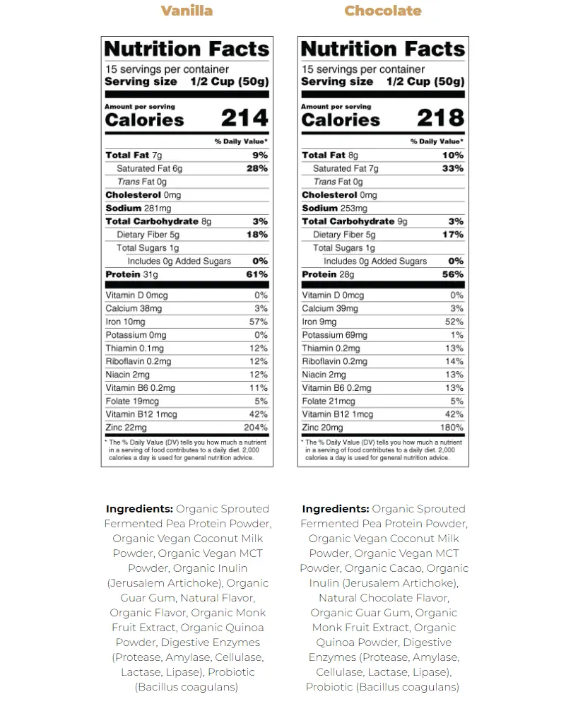 Proganics Plant based meal replacement nutrition label
