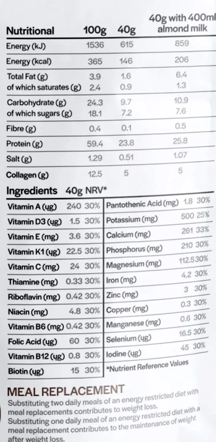So Body Co nutrition lable