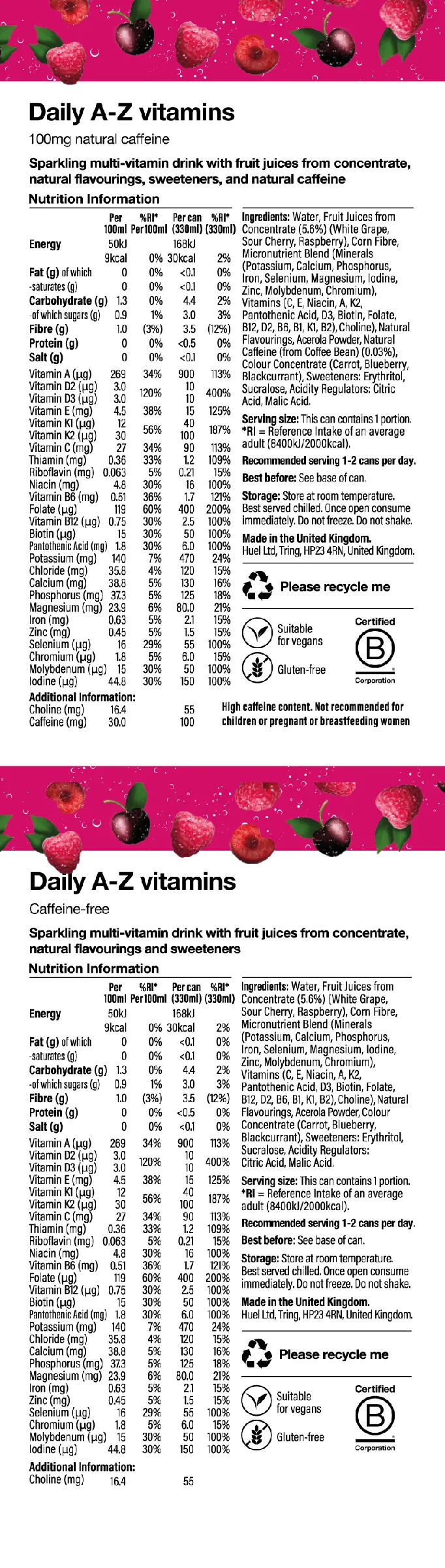 Huel Daily A-Z nutrition Label