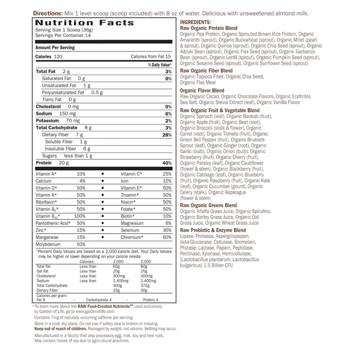 Nutrition label for Garden of Life Raw Organic Meal replacement in the UK