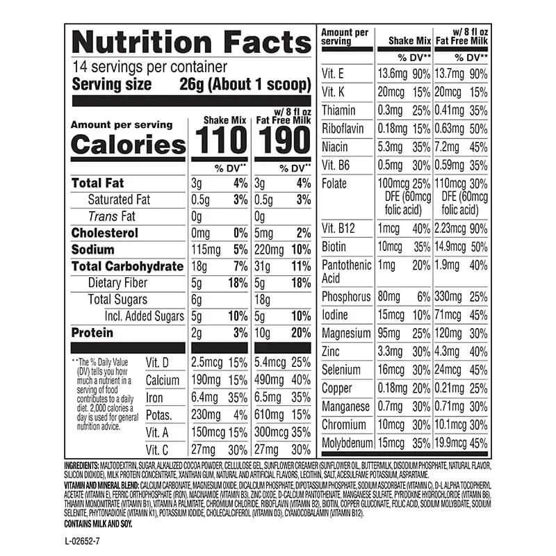 SLim Fast Original Nutritional Label