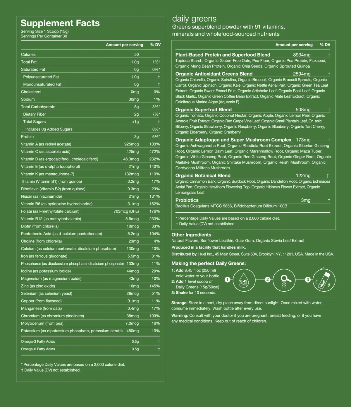 Huel Daily Green Supplement facts