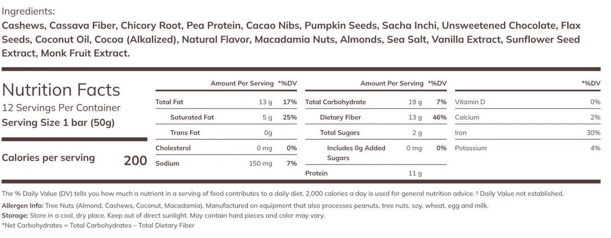 Ka'chava bar nutrition label