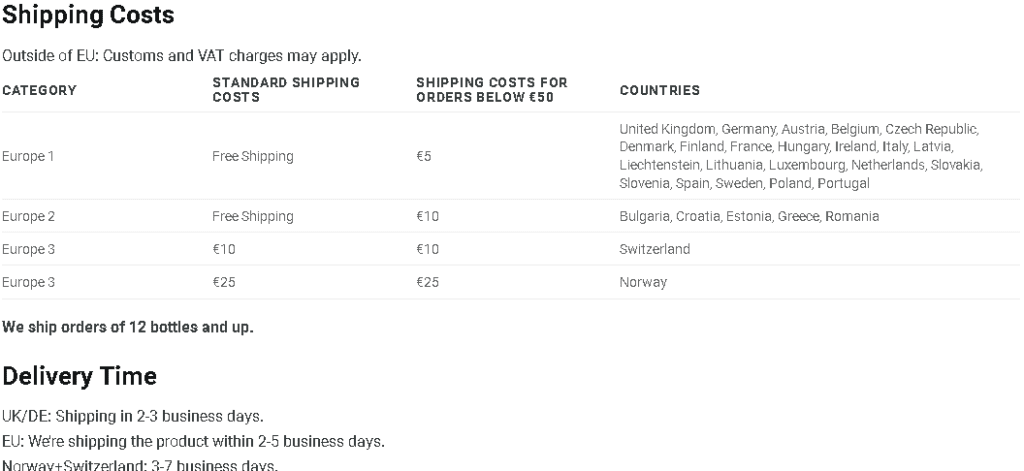 Saturo Shipping rates