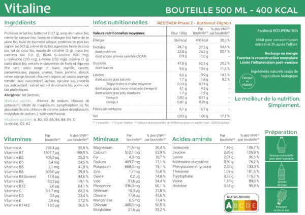 Vitaline Recover Butternut Phase 2 Nutrition Label