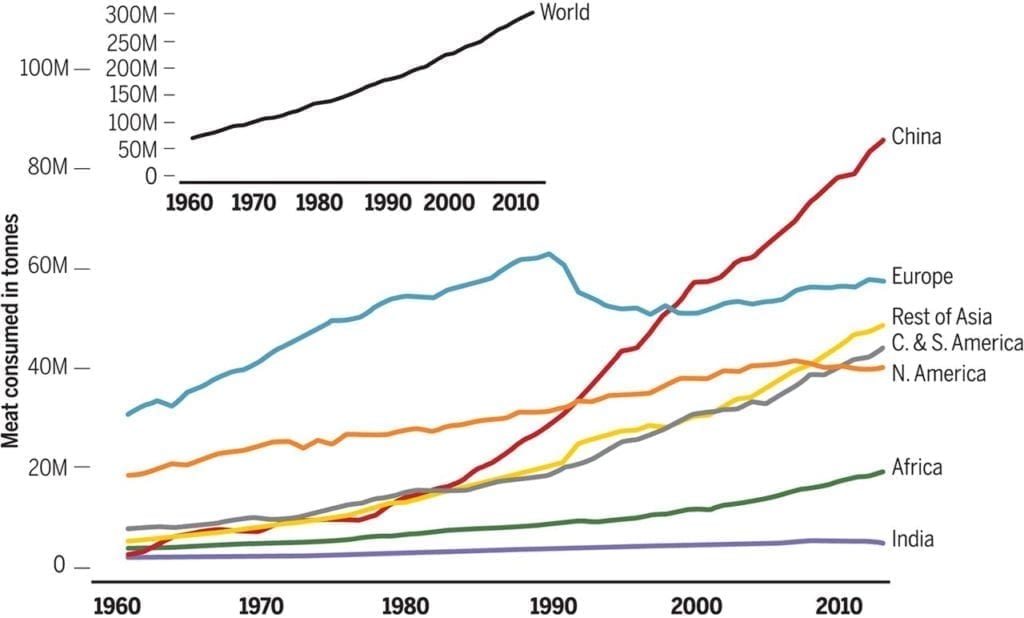 total consumption of meet worldwide lead by china