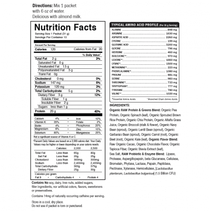 Raw Organic Protein Greens Nutrition Label