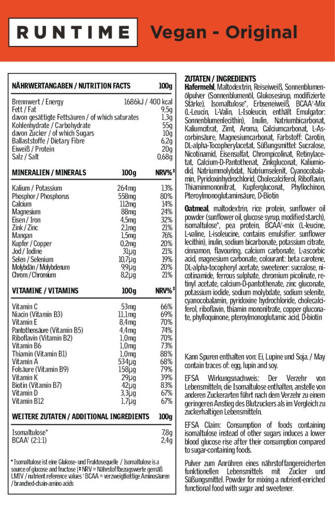 Runtime Vegan Nutrition label