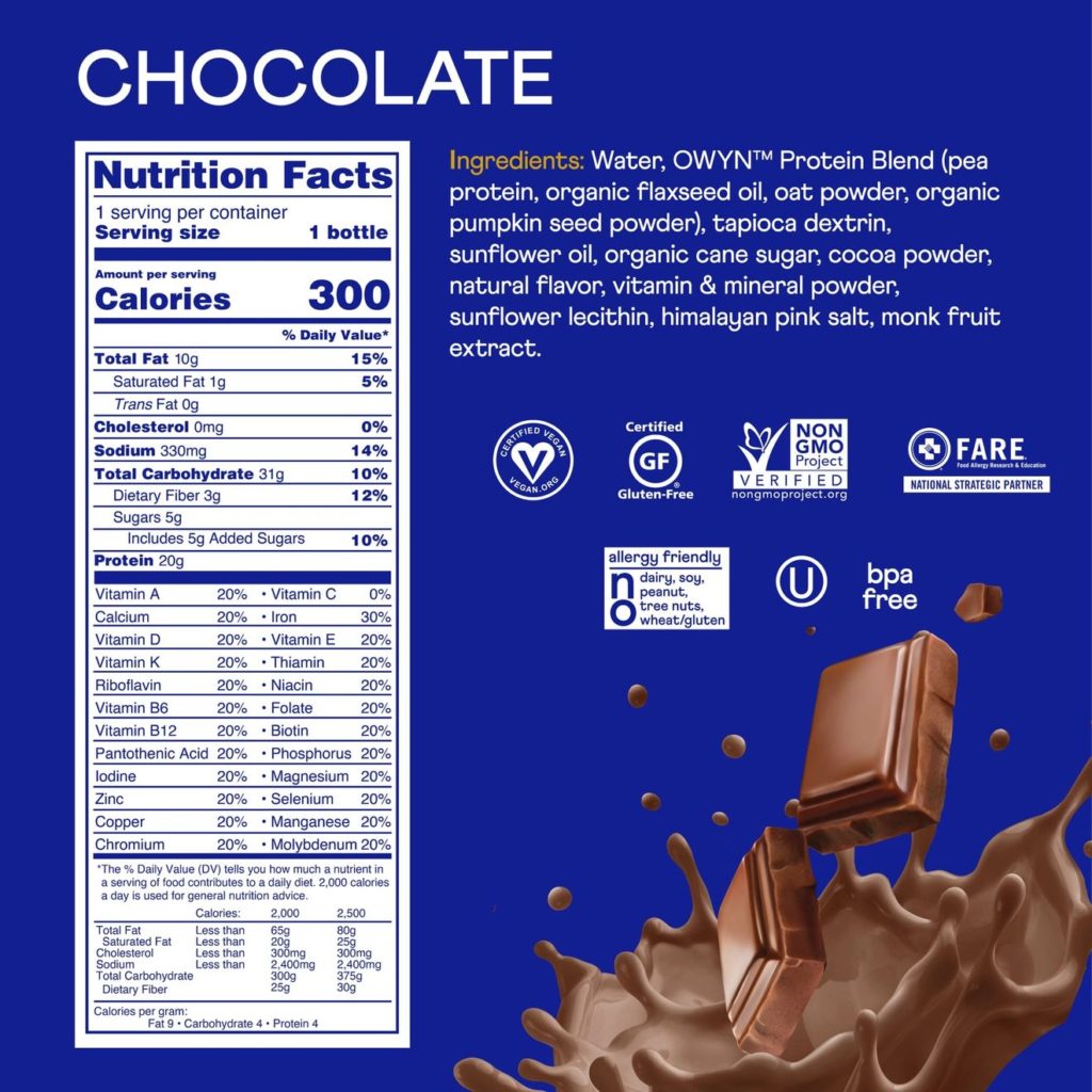 OWYN Chocolate Nutrition Label