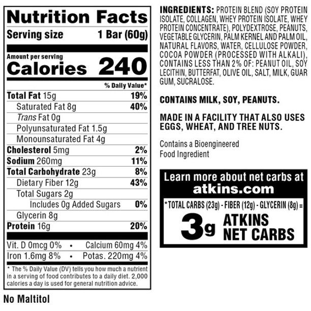 Atkin Bar nutrition label