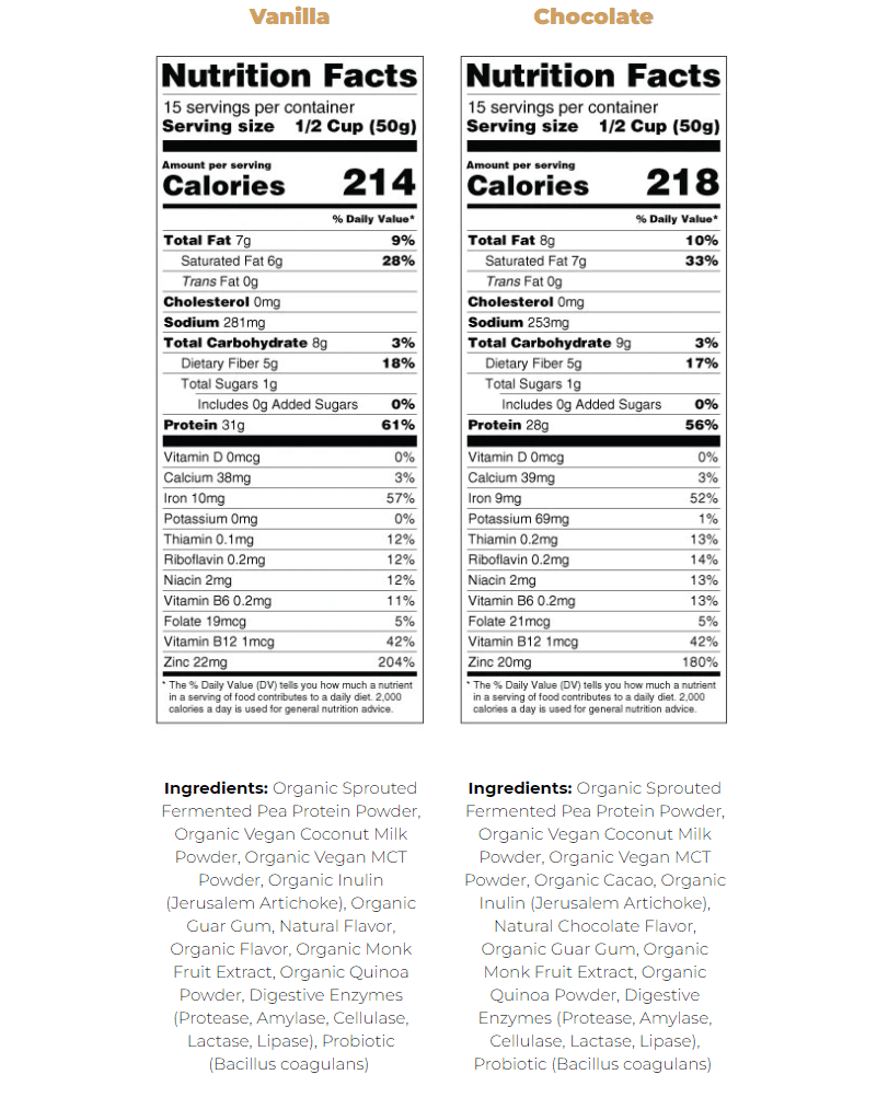 Proganics Plant based meal replacement nutrition label