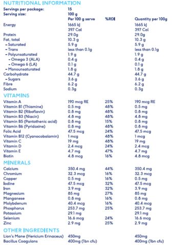 Vybey Dairy nutritional label
