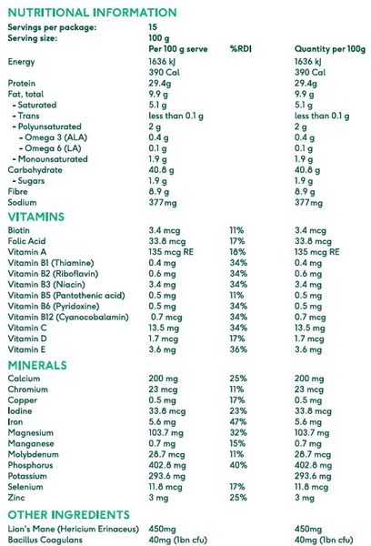 Plant Based Vybey nutrition label