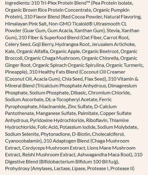 310 meal replacement shake ingredients