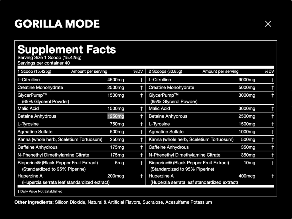Gorilla Mode Pre-workout Nutrition facts