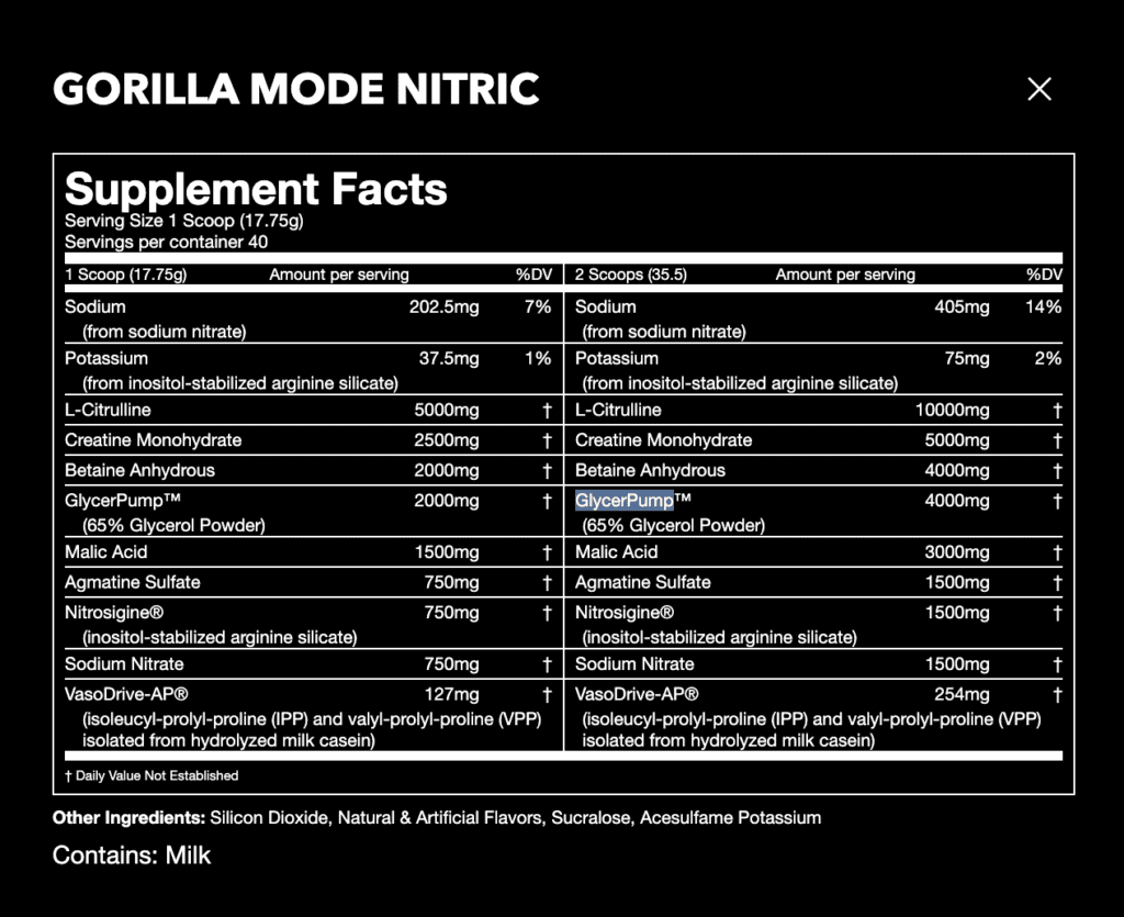 Gorilla Mode Nitric Supplement facts