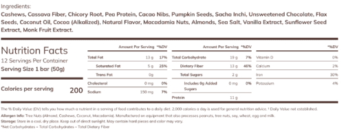 Ka'chava bar nutrition label