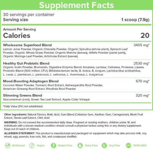 SkinnyFit greens nutrition label