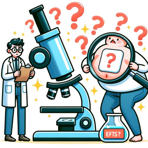 Eine Illustration eines Wissenschaftlers, der ein Fettverbrennungspflaster unter einem Mikroskop untersucht, wobei Fragezeichen um das Pflaster herum die Unsicherheit seiner Wirksamkeit anzeigen.